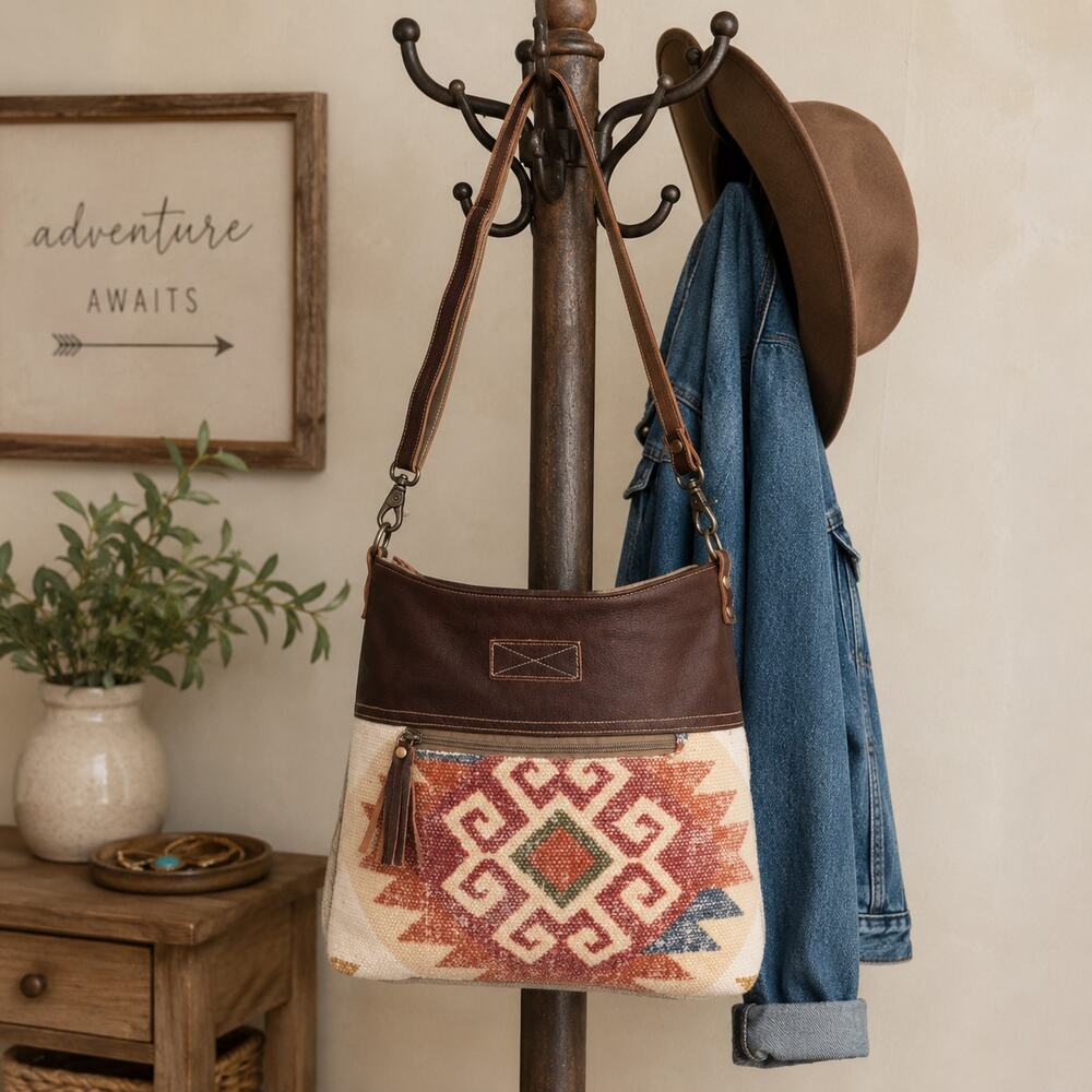 Myra Crimson Rug-Canvas-Genuine Leather Crossbody Bag Southwest Boho Hippie